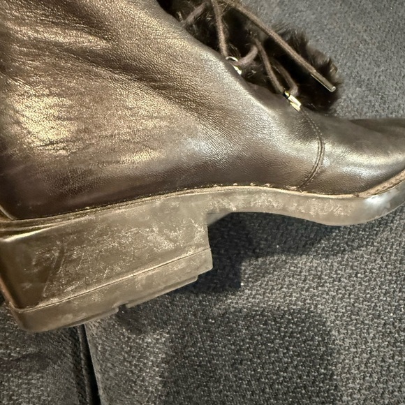 Stuart‎ Weitzman Black Fur Lined Square Toe Lace Up Leather Ankle Boot - Picture 5 of 7